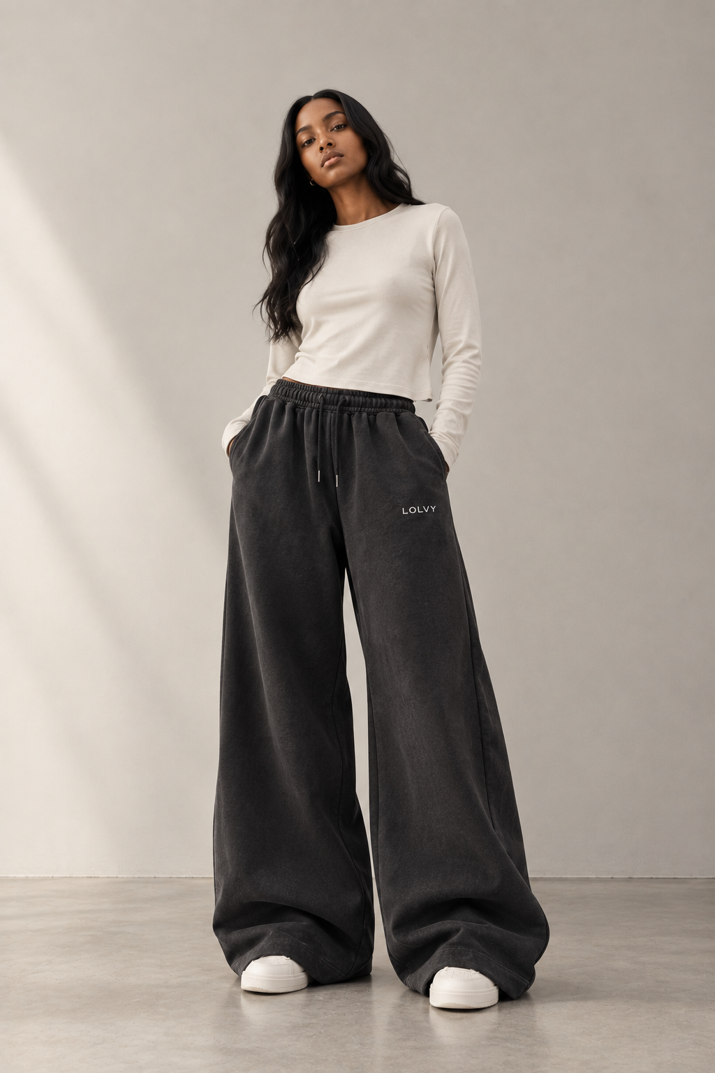 Lolvy Wide-Leg Essential Jogger — Washed Black